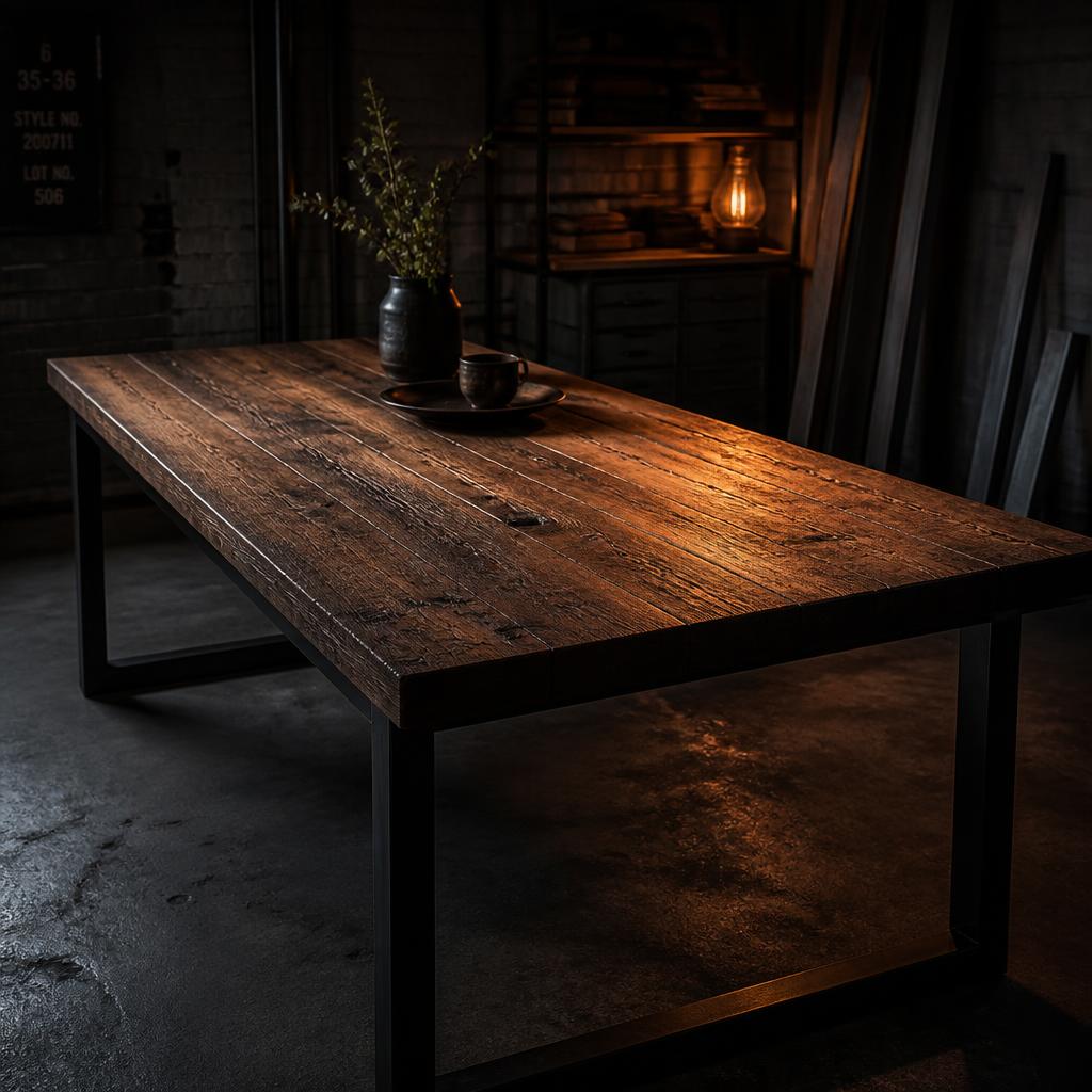 Mesa industrial de madeira maciça com estrutura de aço